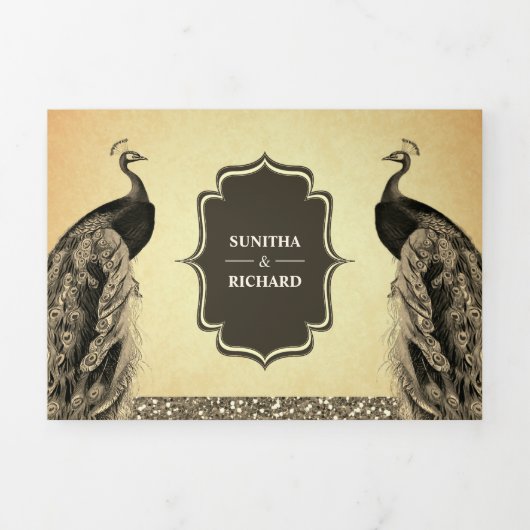  Rustiek Bruin Sepia Indische Pauw Huwelijk Drieluik Uitnodiging (Cover)