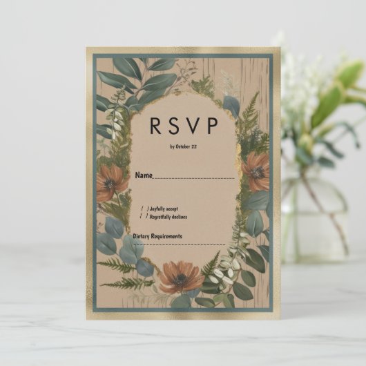 Rustiek bruin sinaasappel gouden munt bloemen RSVP Kaart (Staand voorkant)