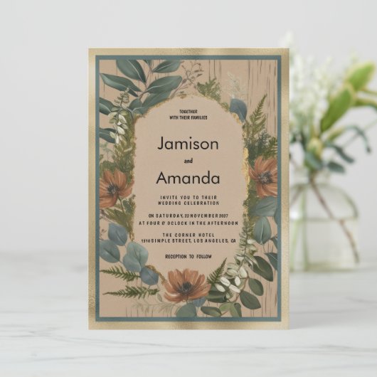 Rustiek bruin sinaasappel gouden munt bloemenbruil kaart (Staand voorkant)