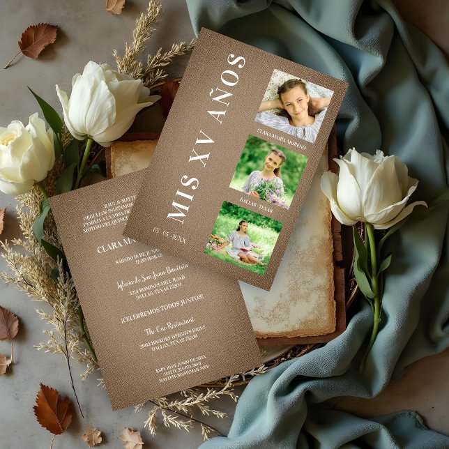 Rustiek Bruin Textiel Quinceañera met 3 foto's (Rustic Brown Quinceañera Invitation with Fabric Texture & 3 Custom Photos Invitations Cards. )