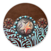 Rustiek Bruin Turquoise Cowboy Western Country Sta Keramische Knop (Voorkant)