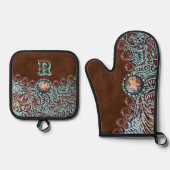 Rustiek Bruin Turquoise Western Land Monogram Ovenwant & Pannenlap Set (Voorkant)
