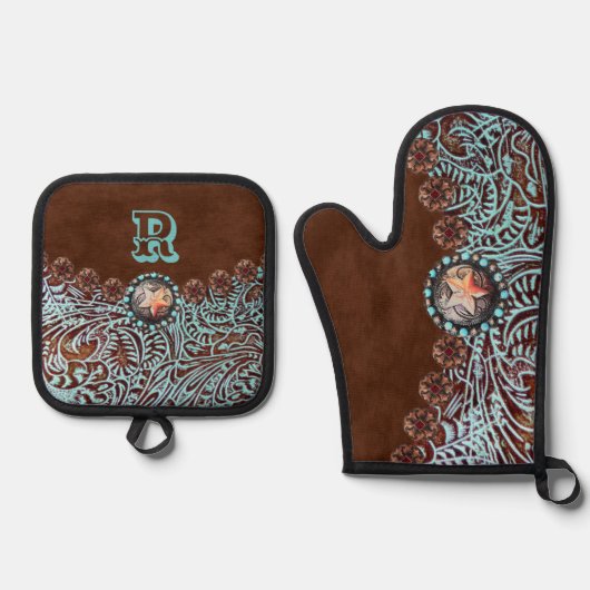 Rustiek Bruin Turquoise Western Land Monogram Ovenwant & Pannenlap Set (Voorkant)