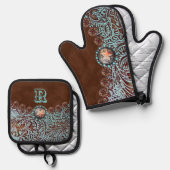 Rustiek Bruin Turquoise Western Land Monogram Ovenwant & Pannenlap Set (Voorkant / Achterkant)