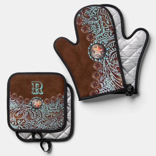 Rustiek Bruin Turquoise Western Land Monogram Ovenwant & Pannenlap Set (Voorkant / Achterkant)