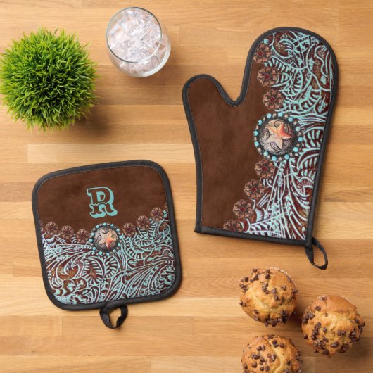 Rustiek Bruin Turquoise Western Land Monogram Ovenwant & Pannenlap Set (Top down)