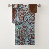 Rustiek bruin turquoise western landpatroon bad handdoek (Insitu)