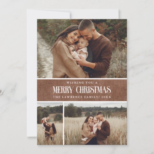 Rustiek Bruin Winter Kerstmis 3 Fotocollage Feestdagenkaart (Voorkant)
