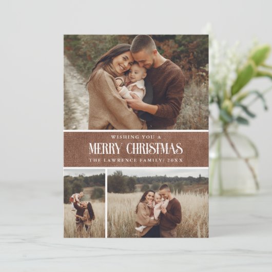 Rustiek Bruin Winter Kerstmis 3 Fotocollage Feestdagenkaart (Staand voorkant)