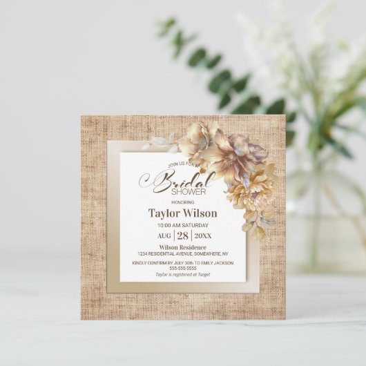 Rustiek Burlap Goud Bloemen Vrijgezellenfeest Kaart (Staand voorkant)