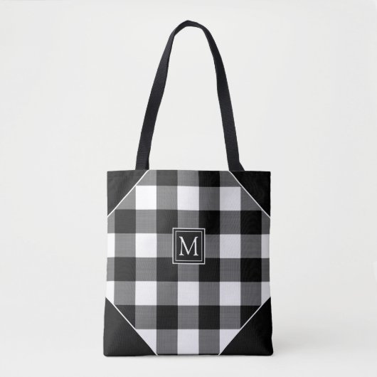 Rustiek Chic Black Buffalo Check Plakt Monogram Tote Bag (Voorkant)