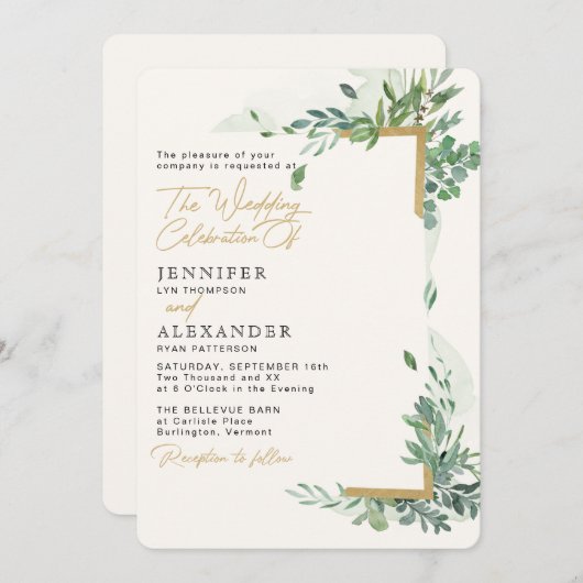 Rustiek Chic Goud & Groen Eucalyptus Huwelijk Kaart (Voorkant / Achterkant)