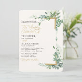 Rustiek Chic Goud & Groen Eucalyptus Huwelijk Kaart (Staand voorkant)