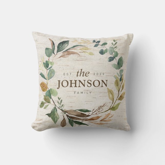 Rustiek Chic Greenery Krans familie Est. Monogram Kussen (Voorkant)