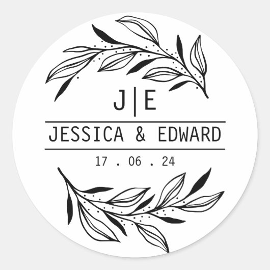 Rustiek Chic Leaf Ampersand Paar Initialen Script Ronde Sticker (Voorkant)