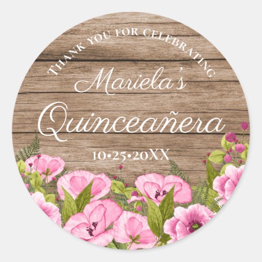 Rustiek Chic Roze Bloemen Quinceañera Dank u Ronde Sticker (Voorkant)