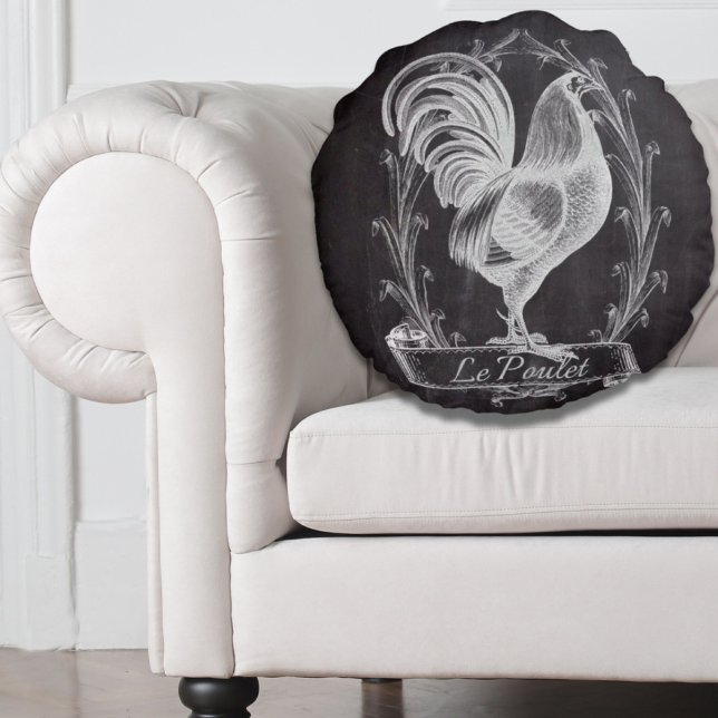 Rustiek chic schoolbord Frans land haan Rond Kussen (rustic chic blackboard french country rooster round pillow)