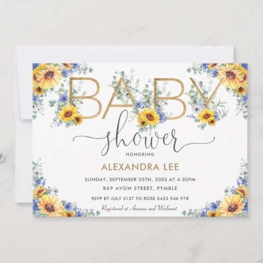 Rustiek Chic Zonnebloem Blauw Bloemen Baby shower  Kaart (Voorkant)