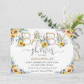 Rustiek Chic Zonnebloem Blauw Bloemen Baby shower  Kaart (Staand voorkant)