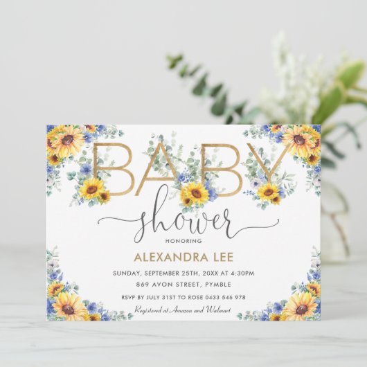 Rustiek Chic Zonnebloem Blauw Bloemen Baby shower  Kaart (Staand voorkant)