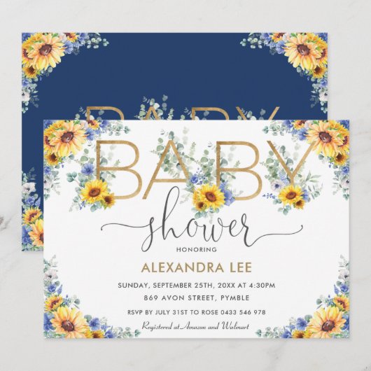 Rustiek Chic Zonnebloem Blauw Bloemen Baby shower  Kaart (Voorkant / Achterkant)
