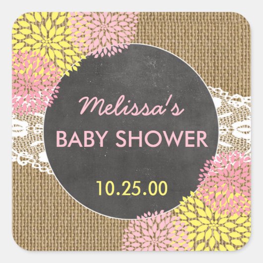 Rustiek Chique jute roze geel baby shower gunst Vierkante Sticker (Voorkant)