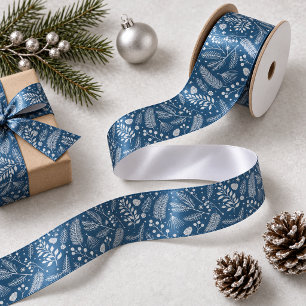 Rustiek-chique winterloof leisteenblauw zilver ID1 Satijnen Lint