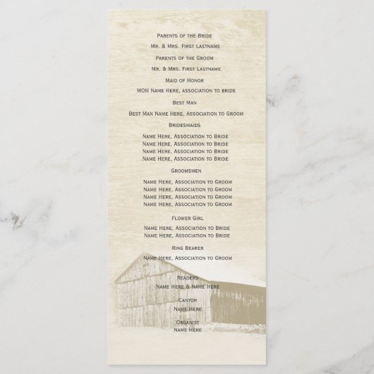 Rustiek Country Barn Trouwprogramma Programmakaart (Achterkant)