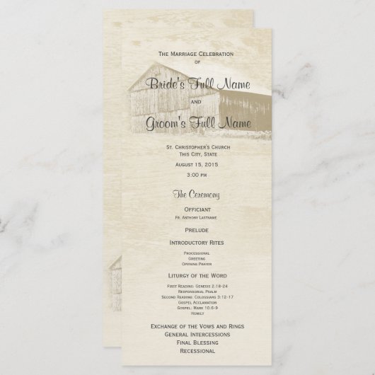 Rustiek Country Barn Trouwprogramma Programmakaart (Voorkant / Achterkant)