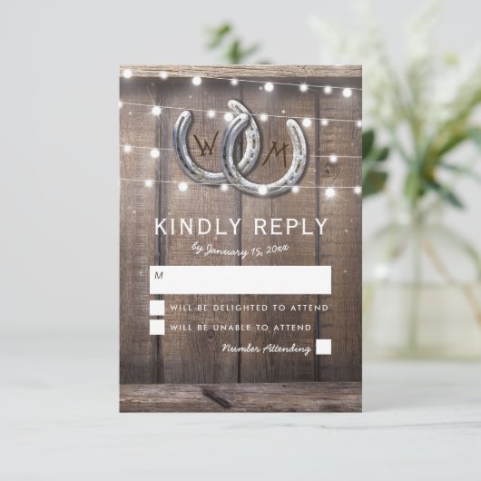 Rustiek Country Hoefijzer Schuur Lights bruiloft R RSVP Kaartje (Staand voorkant)