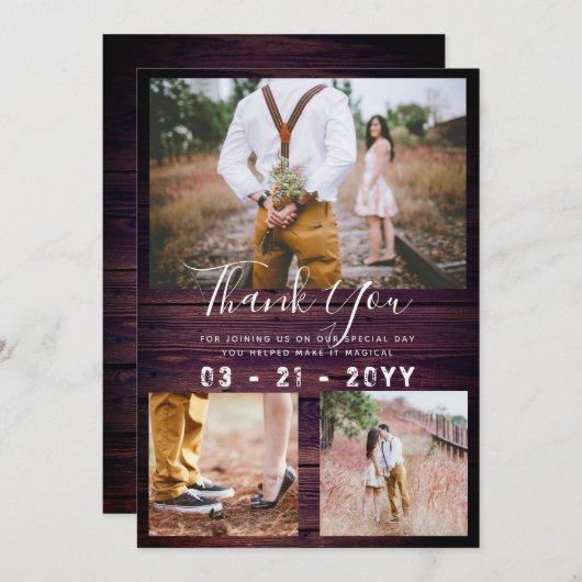 RUSTIEK Dank u Bruiloft FOTO COLLAGE Paarse Bedankkaart (Voorkant / Achterkant)