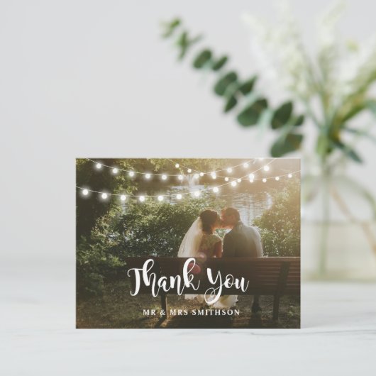 Rustiek Dank u Foto String Lights Wedding Kaart (Staand voorkant)