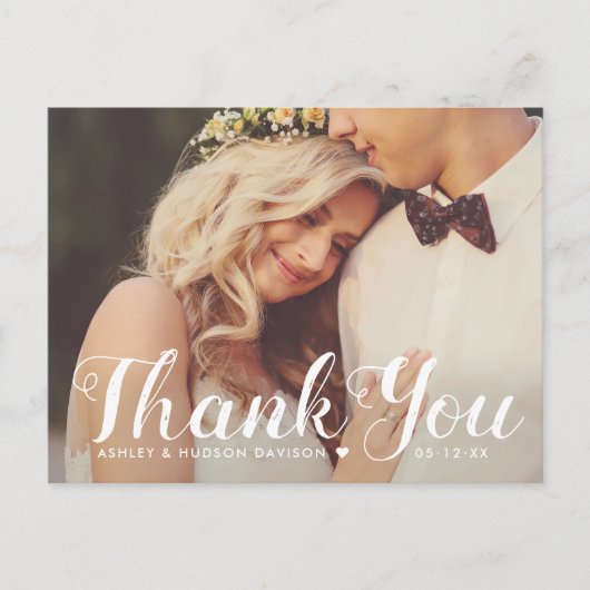 Rustiek dank u geborsteld script bruiloft foto briefkaart (Voorkant)