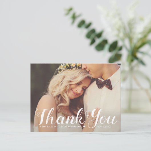 Rustiek dank u geborsteld script bruiloft foto briefkaart (Staand voorkant)