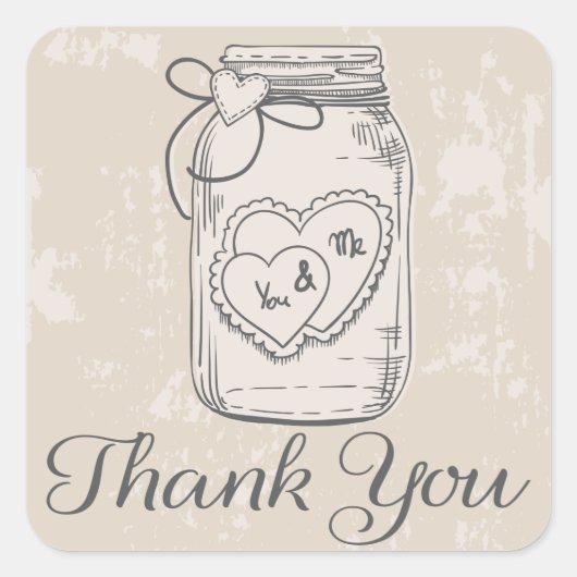 Rustiek Dank u Mason Jar Harten Tan Wedding Vierkante Sticker (Voorkant)