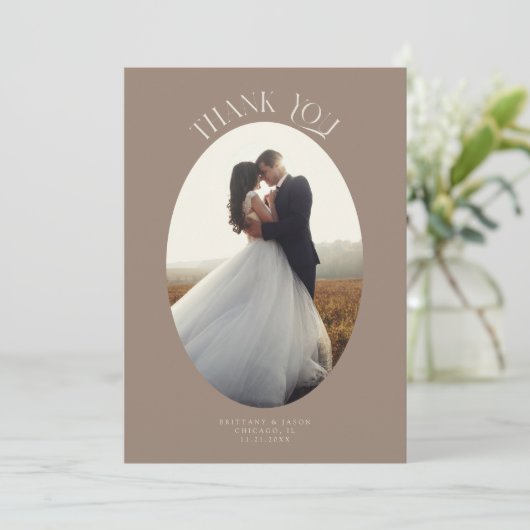 Rustiek Dank u Ovaal Lijst Bruin Trouwfoto Bedankkaart (Staand voorkant)