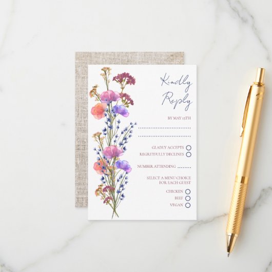 Rustiek Delicaat Acryl Bloemen RSVP Bruiloft Informatiekaartje (Voorkant / Achterkant in situ)