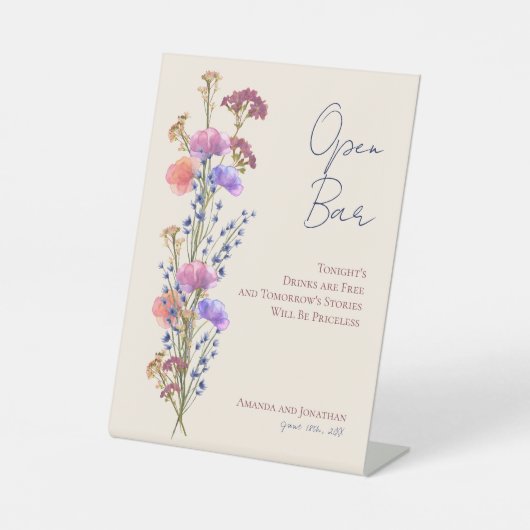 Rustiek Delicaat Beige Bloemenbruiloft Open Bar Reclamebord Met Voetstuk (Voorkant)