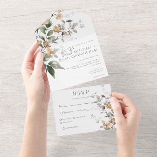 Rustiek Delicaat Tan Herfst Wildflower Diner All In One Uitnodiging (Afscheurbaar)