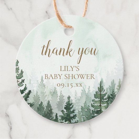 Rustiek dennenboom bos Baby shower Bedankjes Labels (Voorkant)