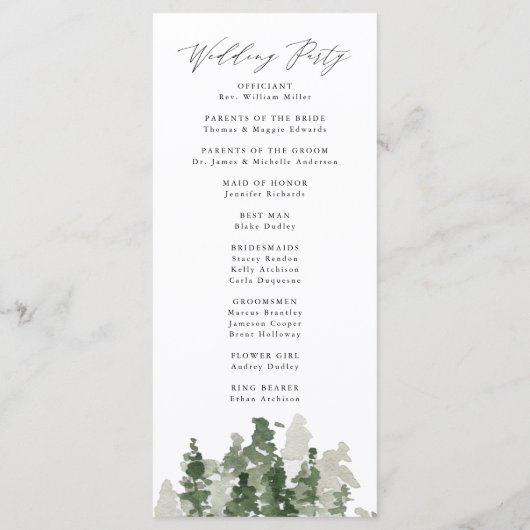 Rustiek dennenbos bruiloft ceremonie programma programmakaart (Achterkant)