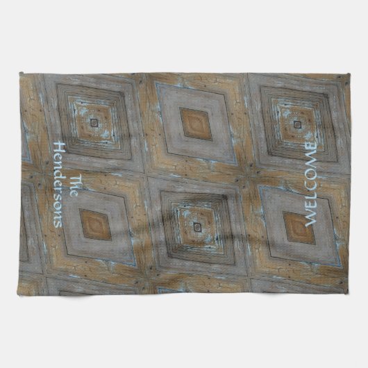 Rustiek Diamantpatroon Verouderd Hout Bruin Blauw Theedoek (Horizontaal)