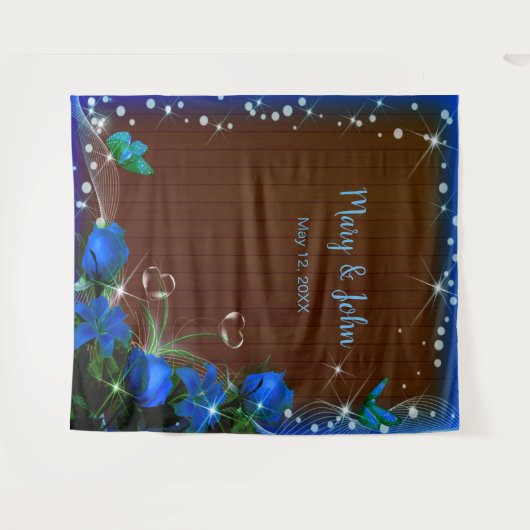 Rustiek Donker Hout Blauw Bloemen Bruiloft Achterg Wandkleed (Voorkant (horizontaal))