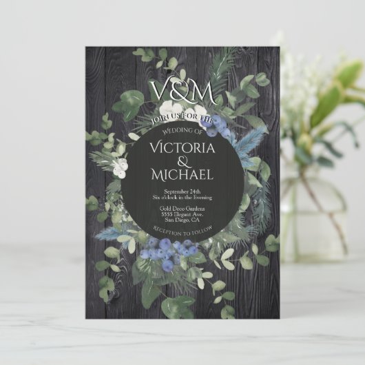 Rustiek Donker Hout Bloemen & dennenbos Bruiloft Kaart (Staand voorkant)