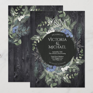 Rustiek Donker Hout Bloemen & Pine Winter Wedding Kaart
