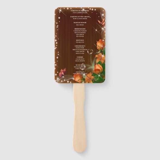 Rustiek donker hout bloemenvlinder bruiloft progra handwaaier (Achterkant)