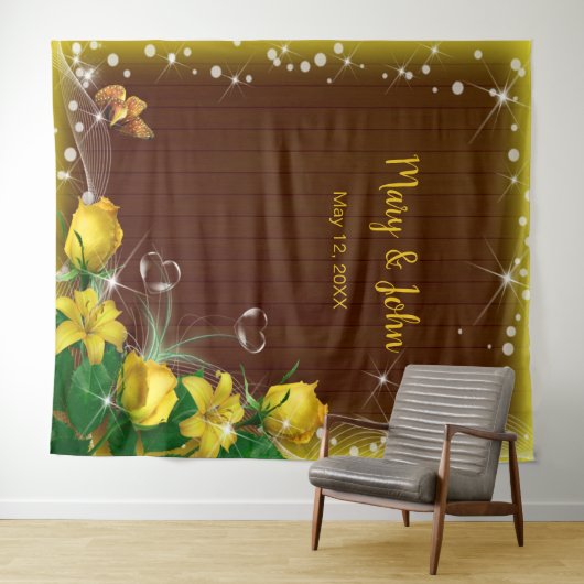 Rustiek Donker Hout Geel Bloemen Huwelijk Achtergr Wandkleed (In Situ (horizontaal))