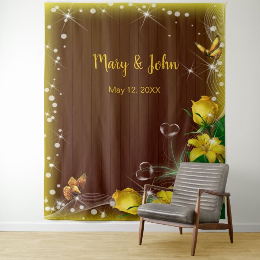 Rustiek Donker Hout Geel Bloemen Huwelijk Achtergr Wandkleed (In situ)