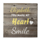 Rustiek donker hout geel met citaat en naam tegeltje (Voorkant)