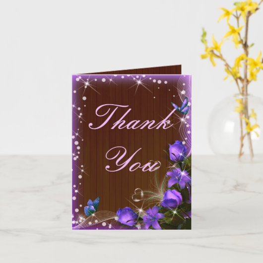 Rustiek donker hout Paarse bloemen bedankje Kaart (Gele Bloem)